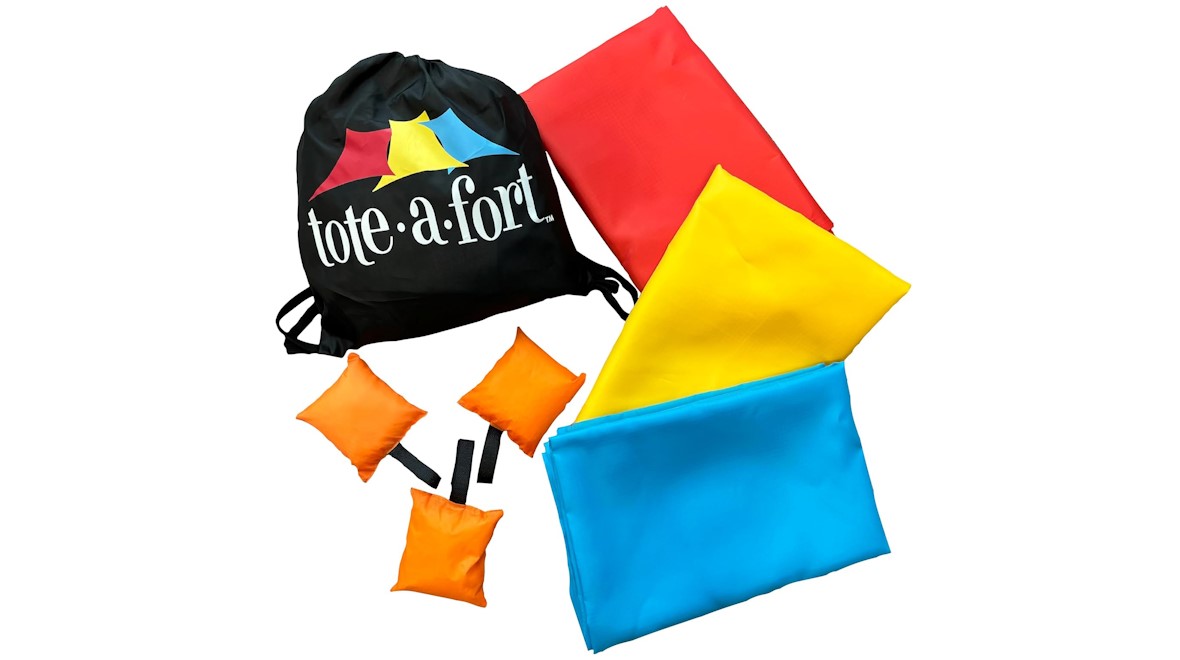 A Tote-a-Fort bag with blanks and bean bags to help kids build a fort