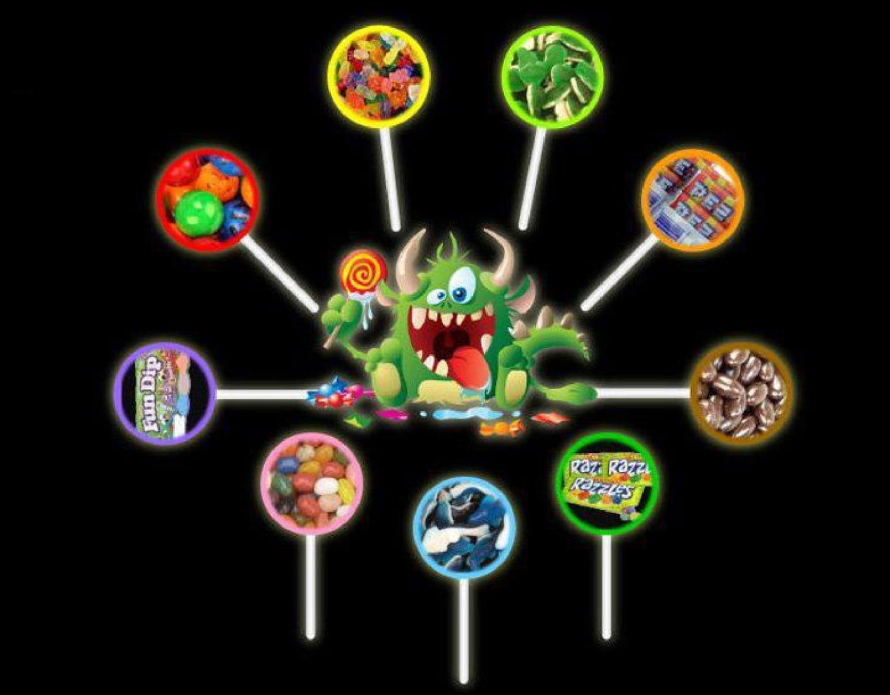 Candy time monster with candy all around it 