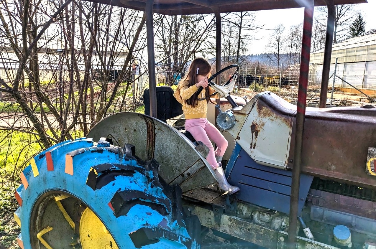 A young girl sits in the driver's seat of a tractor at Oxbow Farm among fun sweet farms to visit with kids near Seattle