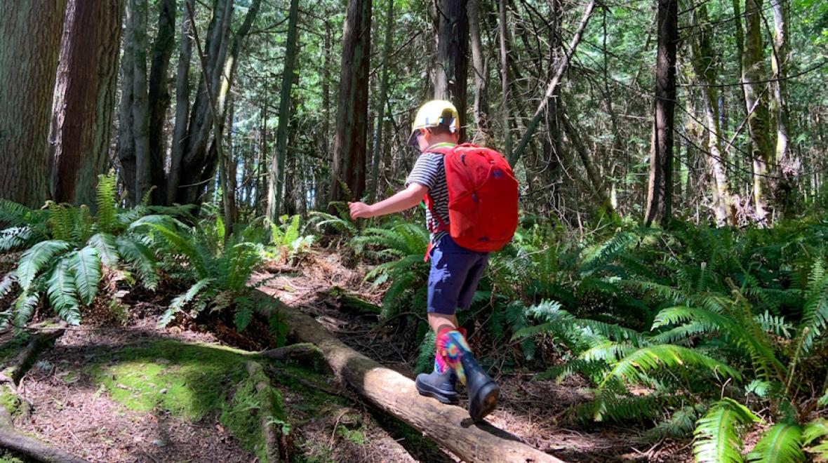 a boy on a log on a hike in kitsap county washington wearing a red backpack