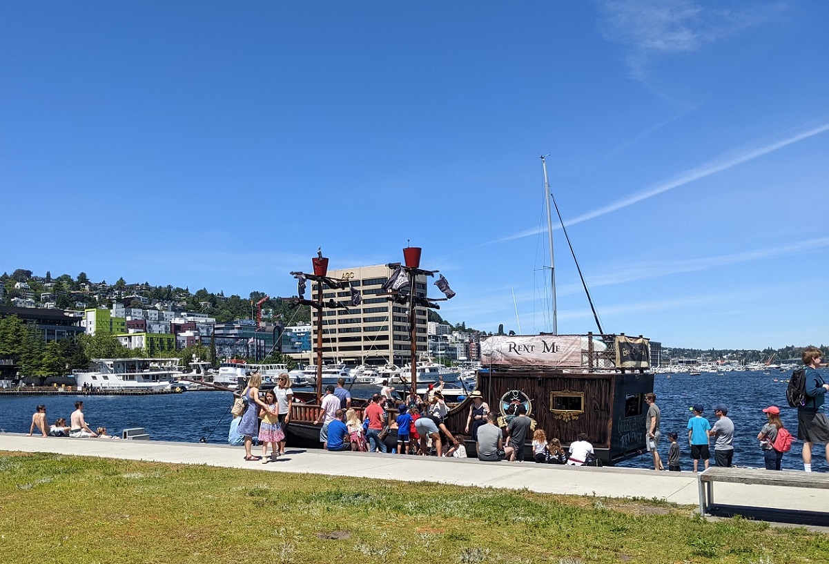Families get ready to board the pirate ship for Emerald City Pirates' Family Treasure Cruise