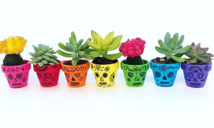 Sugar skull painted small flower pots Day of the Dead craft