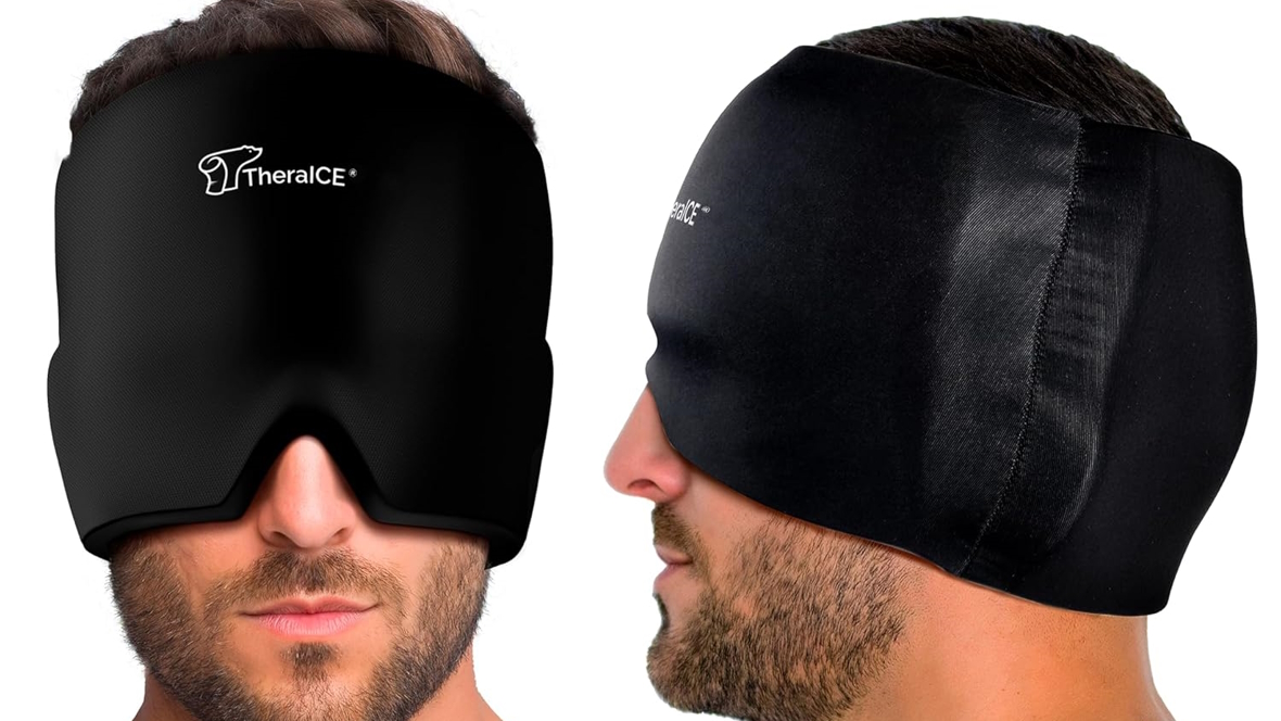man's head wearing a headache relief hat that covers his eyes