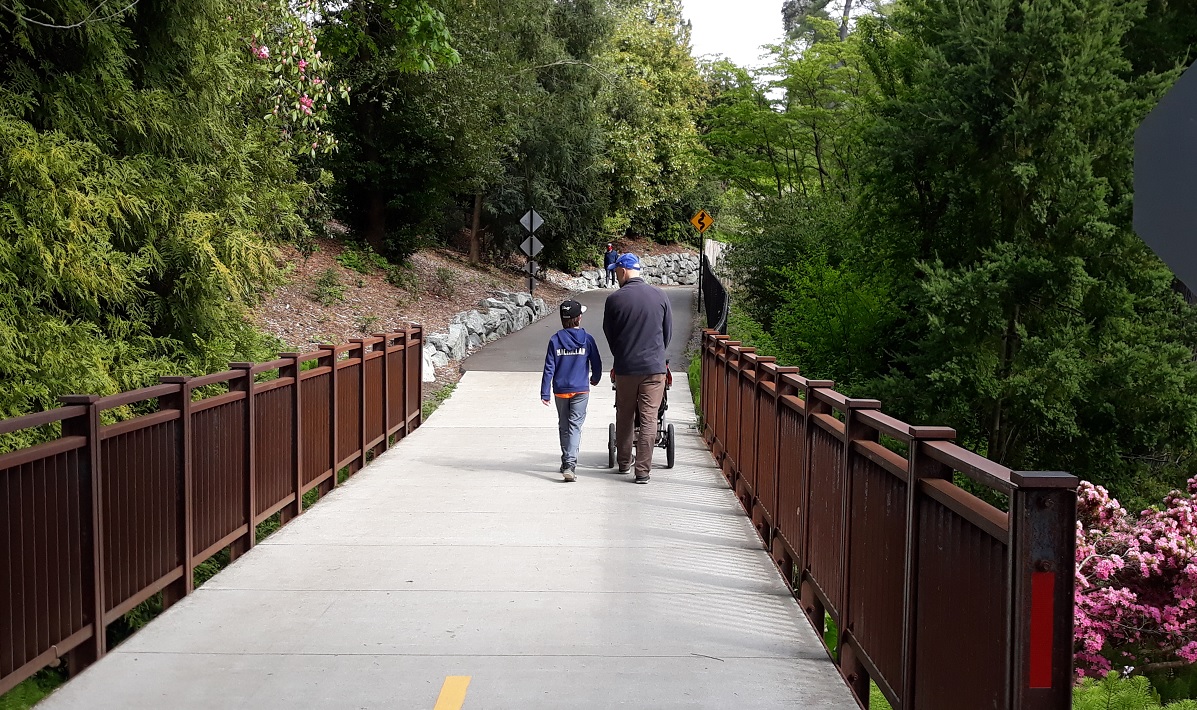 Dad pushing stroller and school-age son walking along newer biking and walking path in the Washington Park Arboretum best places to ride bikes with kids Seattle