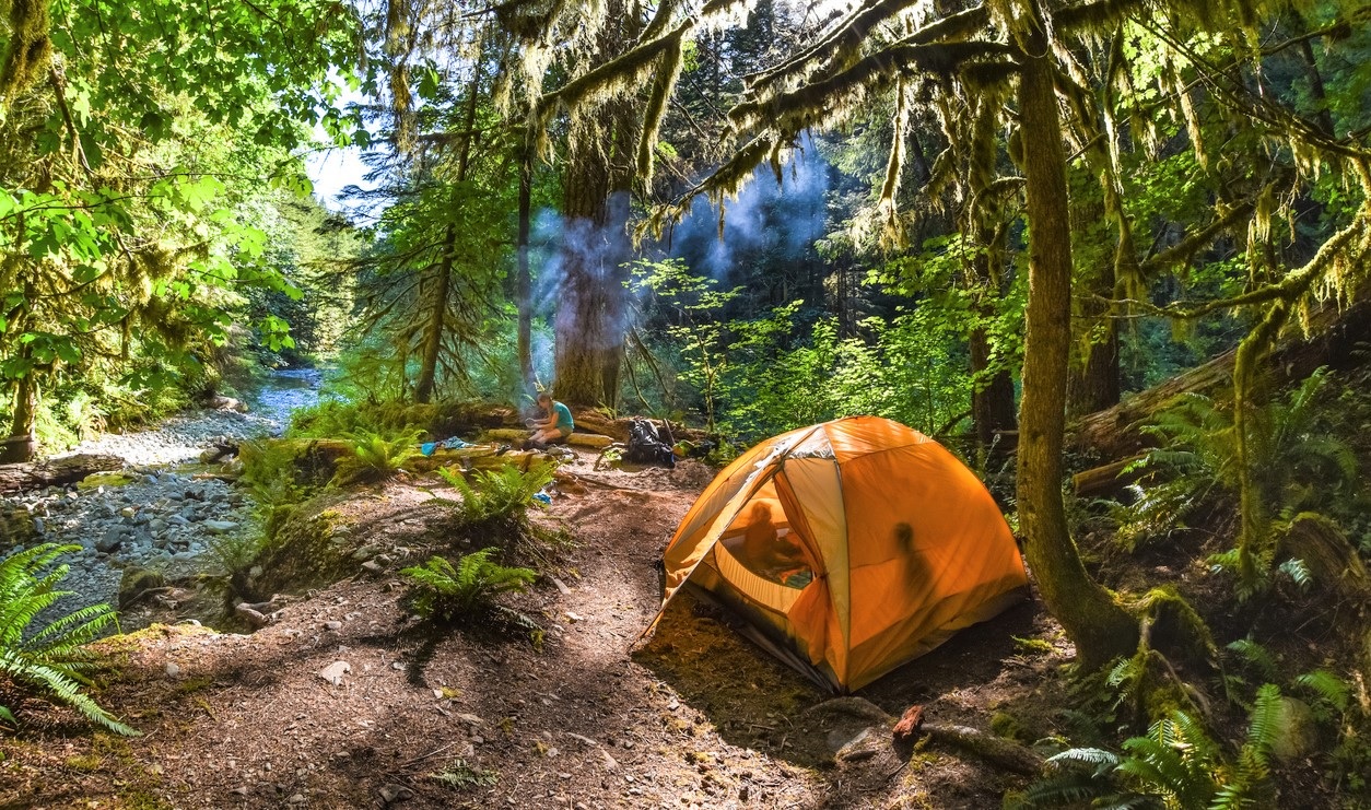 A scene in a woodsy campground shows a yellow tent with kids playing inside and in the background a woman cooking a campground meal. the campsite is by a river