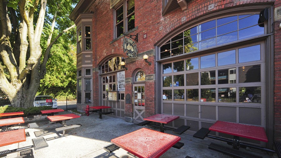 The historic firehouse building at E9 Firehouse and Gastropub, a family-friendly Tacoma brewery