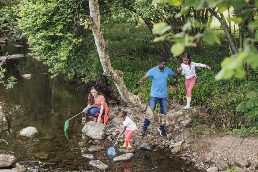 Family playing in a river