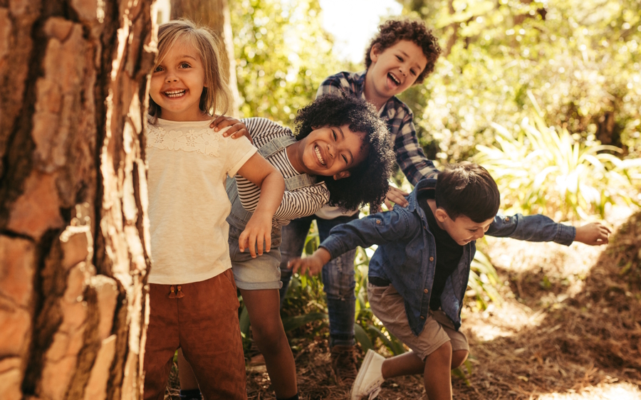 A group of kids playing in the wood behind a tree