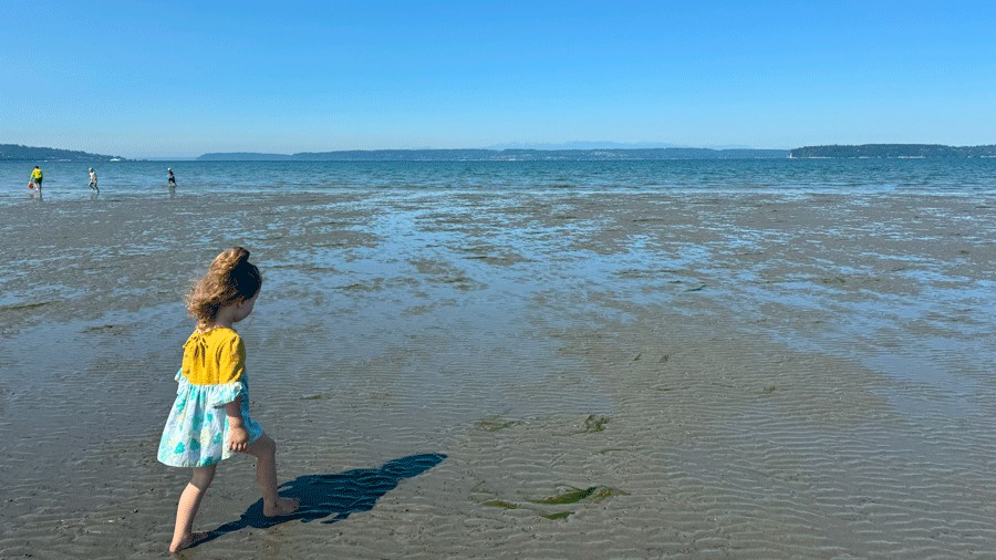 Young girl sinks her toes in the sand at Jetty Island beach, a sandy beach in Everett