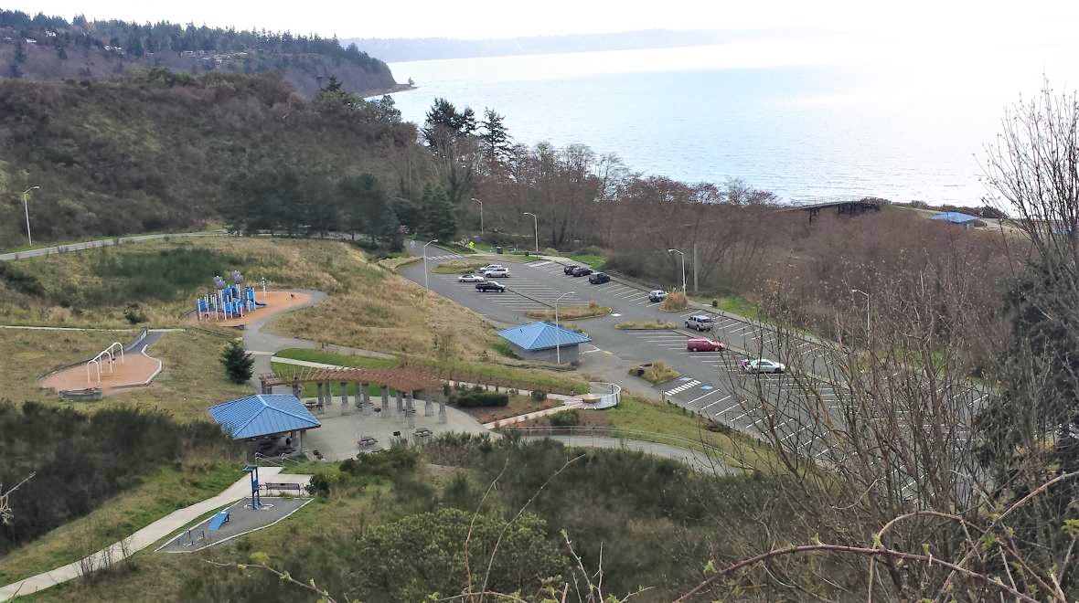 Richmond Beach Saltwater Park - overview of playground, parking lot and beach