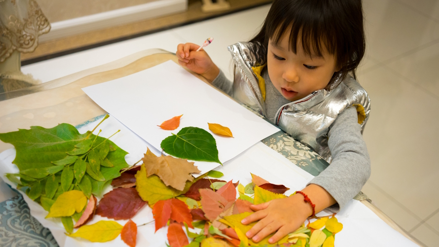 Child making art with a pile of leaves in a family competition based on a tv show
