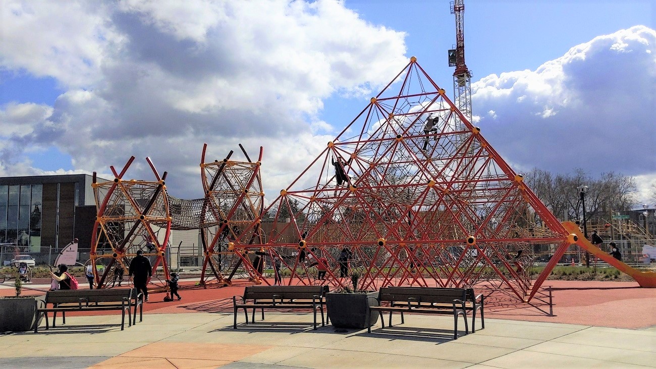 Neptun XXL giant climbing pyramid risky play at sunset neighborhood park new playground in renton near seattle kids and families