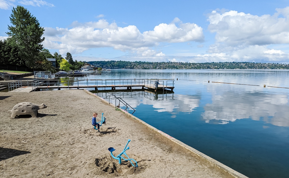 Tommy the Turtle sculpture and sand diggers on the beach at Renton's Kennydale Beach Park new playground near Seattle
