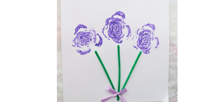 celery card with purple painted flowers for Mother's Day
