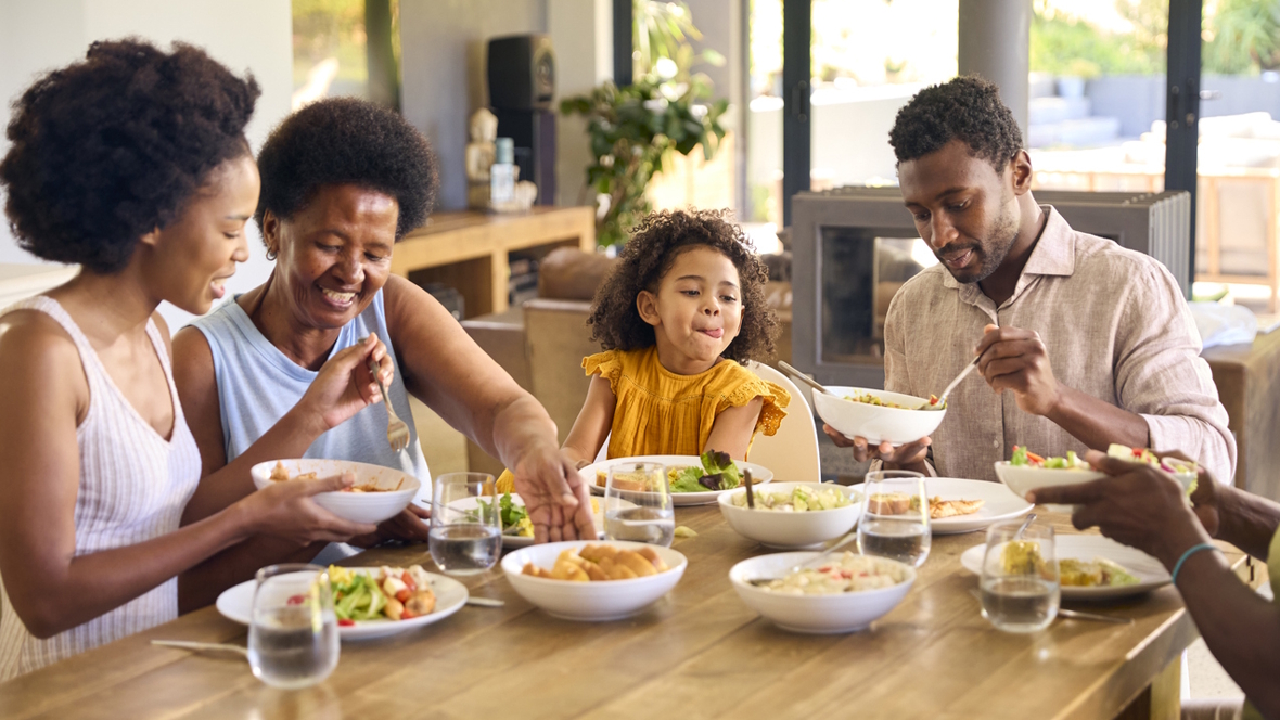 family eating simple dinner at home
