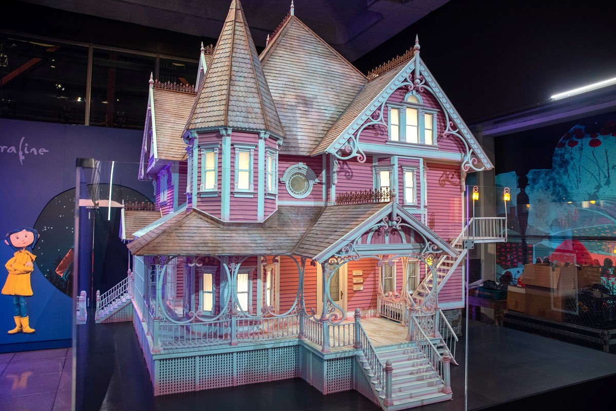 The pink palace set piece from the movie Coraline by LAIKA Studios part of a special exhibit on the stop-motion animation studio at Seattle's Museum of Pop Culture, commonly called MoPOP