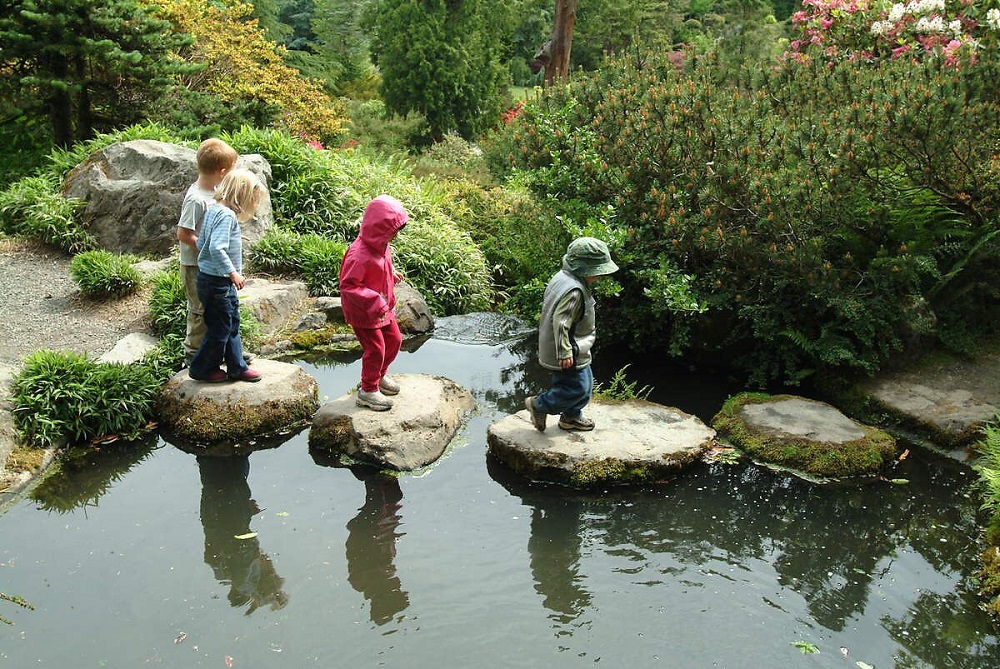 kids on a stone path in a pond in kubota garden