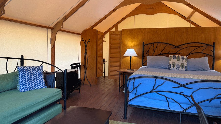 interior view of beds in the canvas cottage at lakedale resort