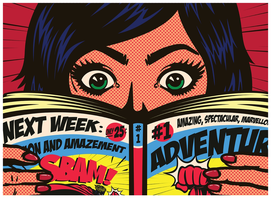 Cartoon image of a person's face holding up a comic book