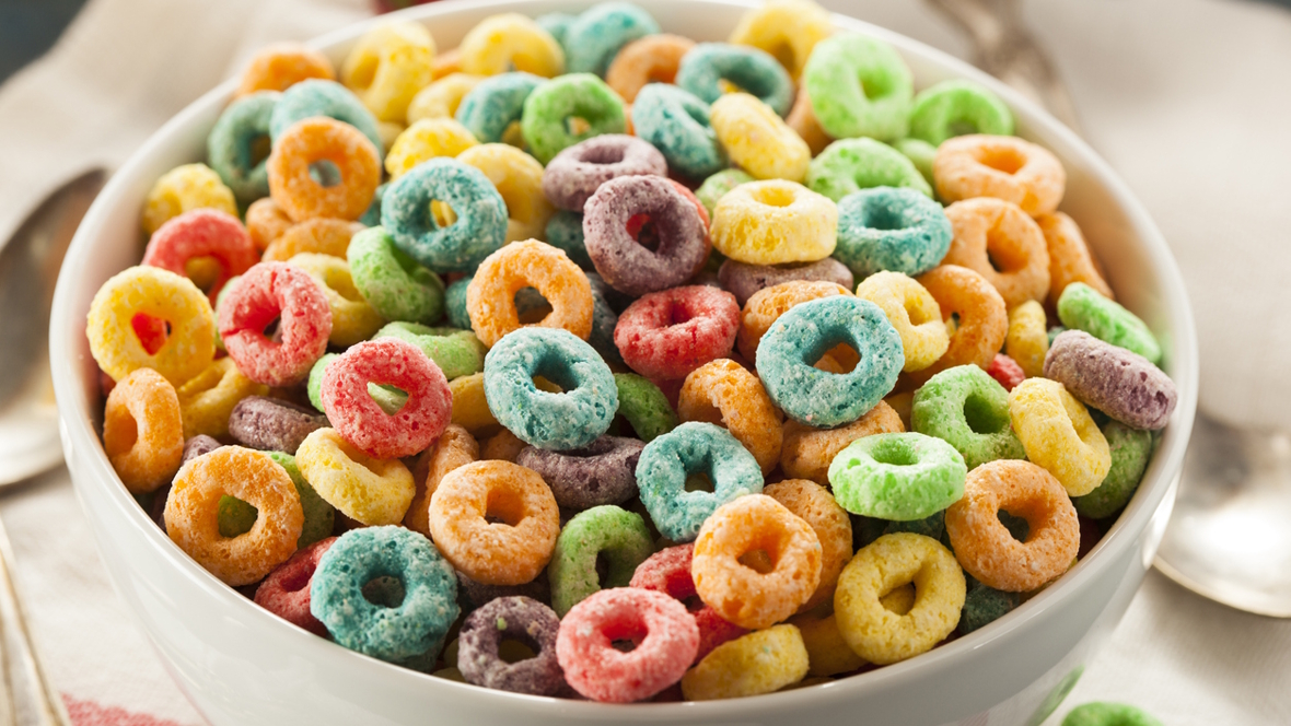 bowl of cereal that is dyed bright colors