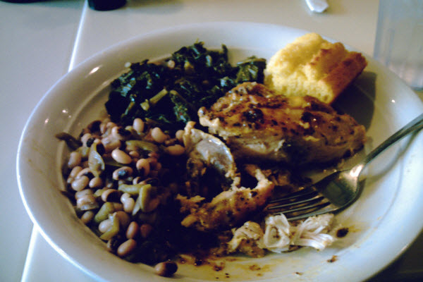 Black-eyed peas, greens and cornbread