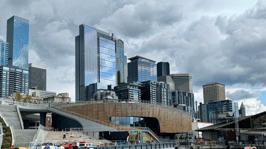 the exterior of the Ocean Pavilion and Overlook Walk, which connects the Seattle Waterfront to Pike Place Market