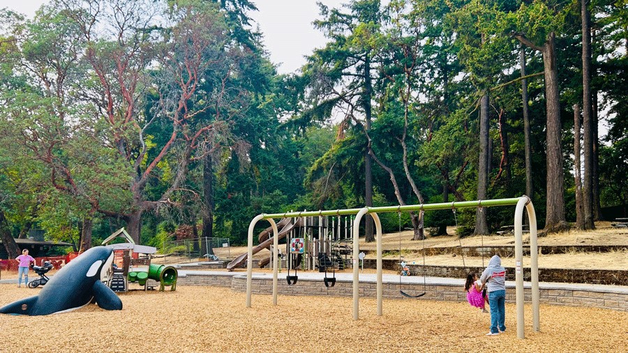 Lincoln Park playground in West Seattle swing sets and orca whale nautical structures