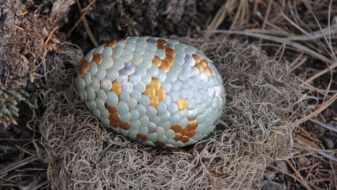Easter eggs decorated with thumb tacks