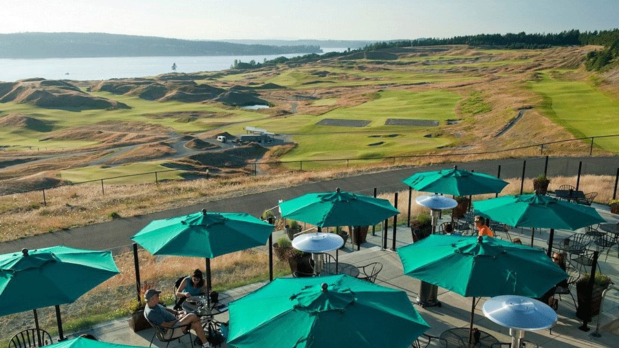 Chambers Bay Grill, a waterfront restaurant near Tacoma, has views of Puget Sound and the Olympic Mountains