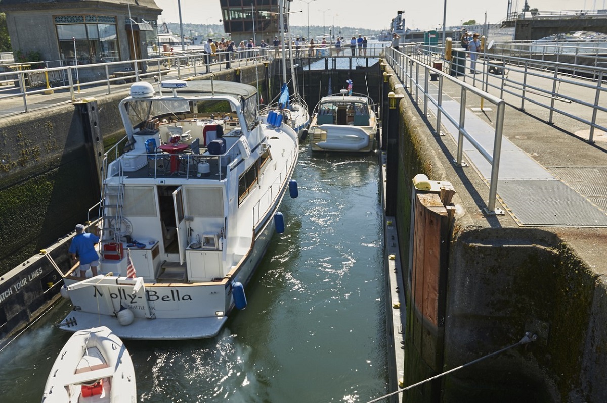 At the Ballard Locks, boats enter the small lock to float back up from Puget Sound to the level of Salmon Bay and Lake Union