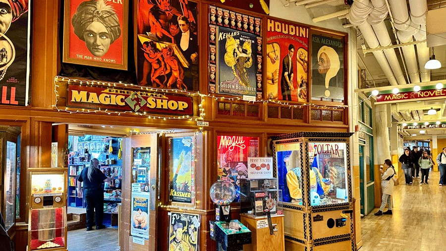 Magic Shop entryway at Pike Place Market with kids
