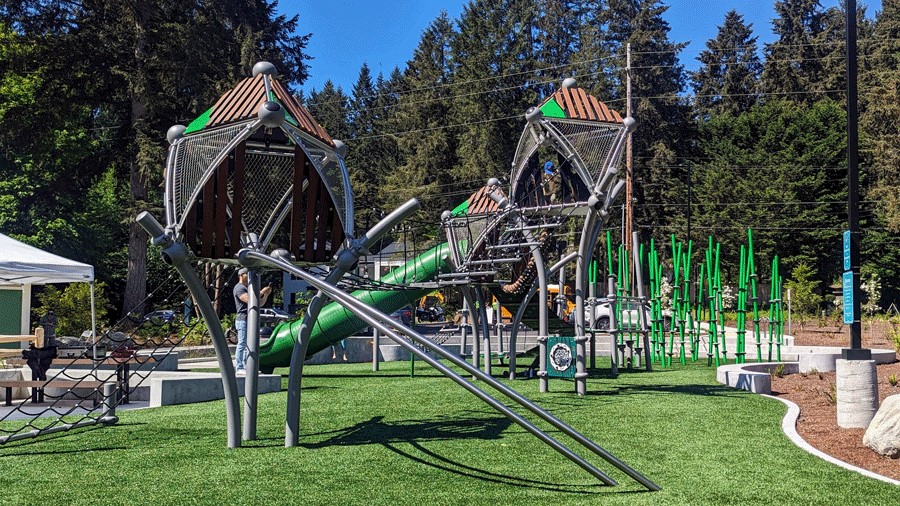 Climbing structures at Bridle Valley Creek Trails Park playground in Bellevue
