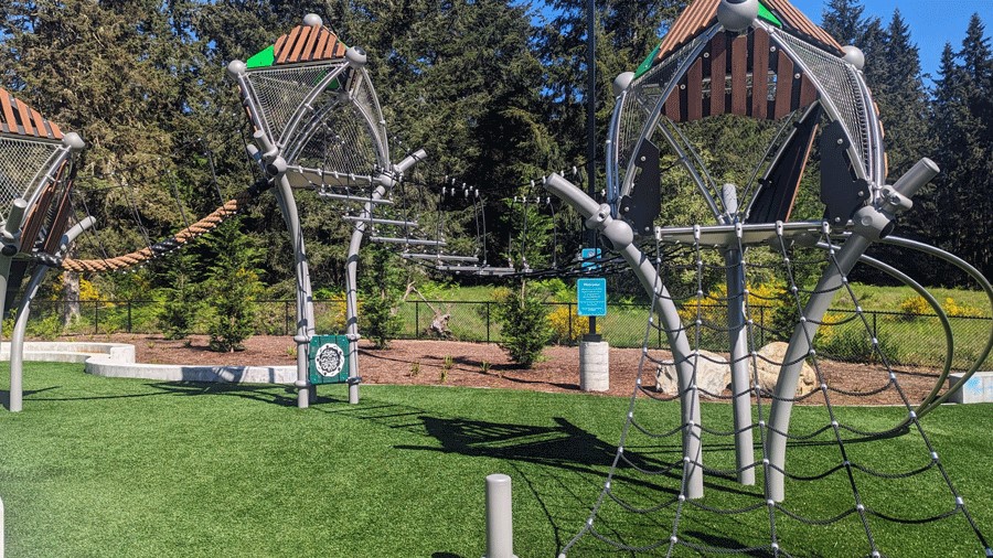 Climbing structures, rope bridges and ladders at Bellevue's Bridle Trails Valley Creek Park
