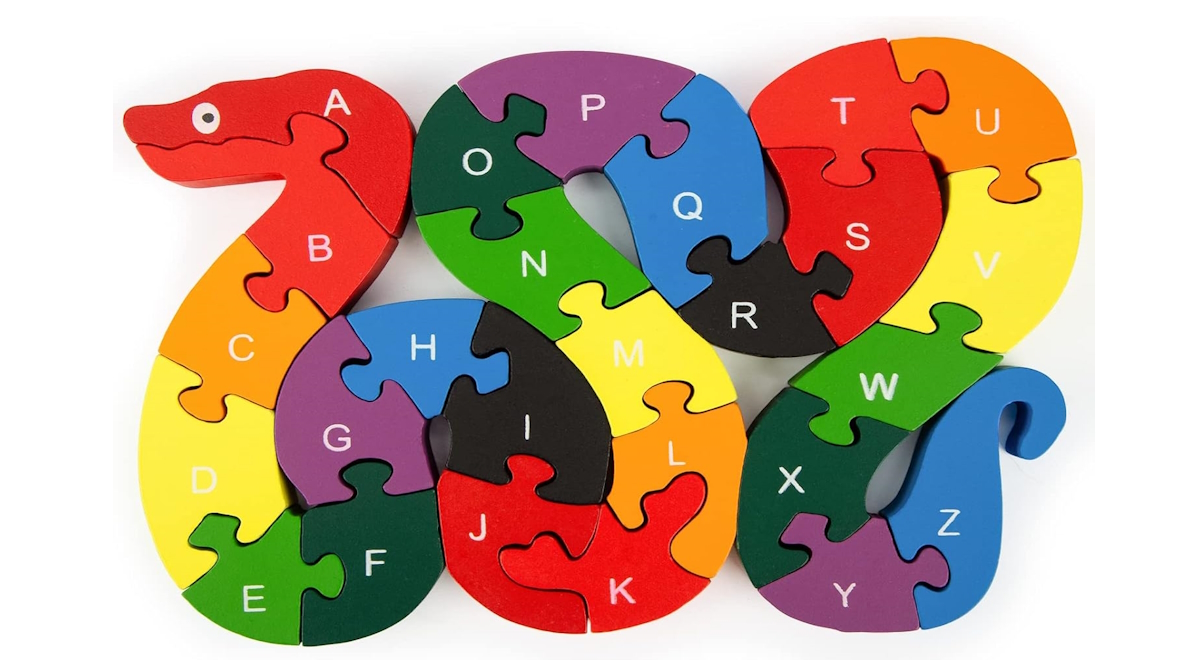 Alphabet snake wooden puzzle with bright colors is a great educational preschool toy
