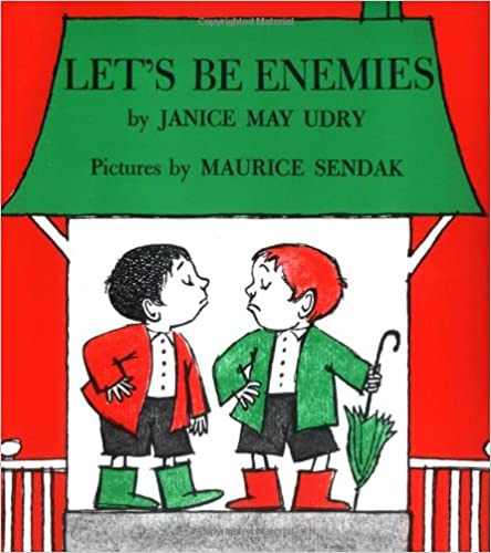 Book cover for Let's be Enemies. Drawing of two boys looking at each other with disgust