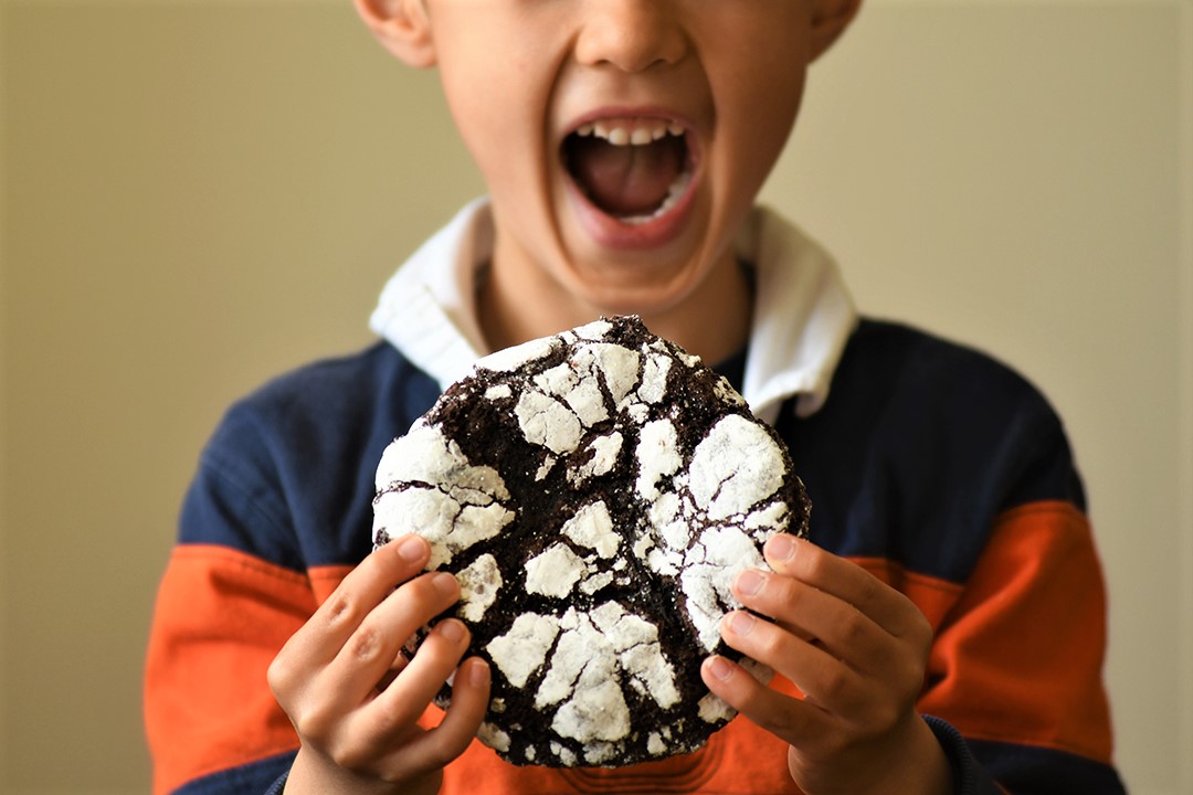 Kid with mouth open about to bite a large chocolate cookie he's holding with both hands My Friend's Cookies Seattle tasty treats worth finding with kids