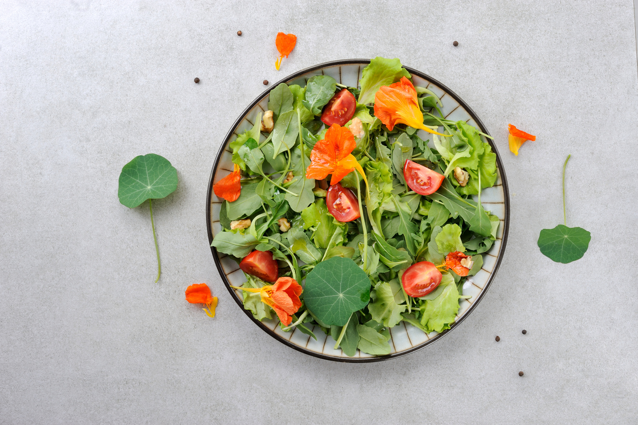 Nasturtium leaves and flowers top a colorful salad