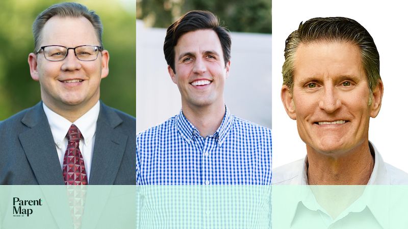 Top 2024 Washington State Superintendent candidates from left to right: incumbent Chris Reykdal, Reid Saaris, David Olson