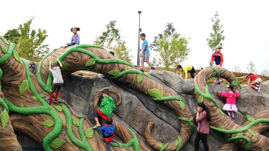 kids climbing a nature-inspired playground in Bellevue
