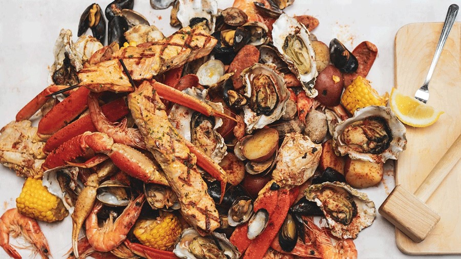 Close-up of a seafood feast at The Crab Pot, a waterfront restaurant with Seattle and Bellevue locations
