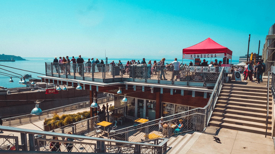 The multi-level patio at Old Stove Brewing Co. offers water views and waterfront dining