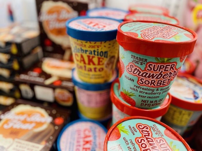 frozen desserts from Trader Joe's, including the new strawberry sorbet