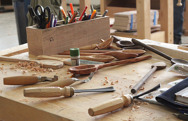woodcarving tools on a bench