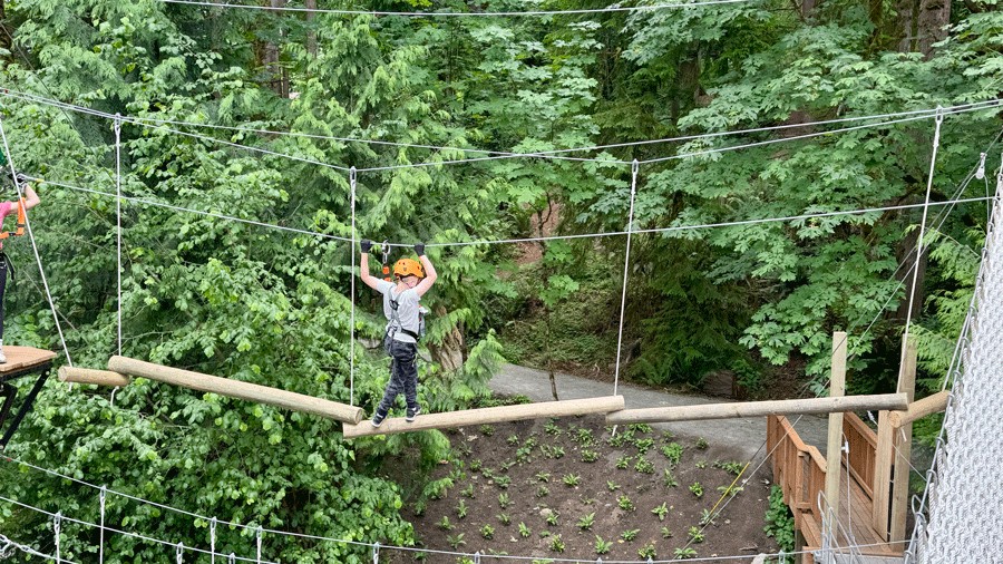 young kid crossing logs on a ropes course at Aerial Park in Bellevue