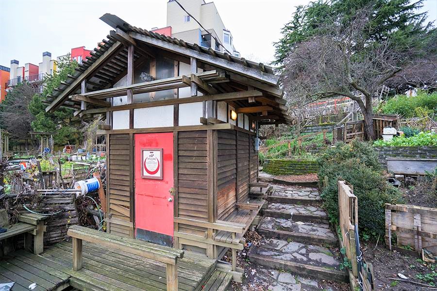 Garden shed at Danny Woo Community Garden in Seattle's International District best gardens for kids and families