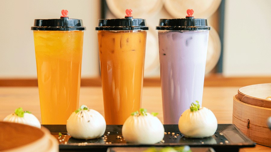 Dumplings and milk tea from Dough Zone, a Seattle dumpling restaurant