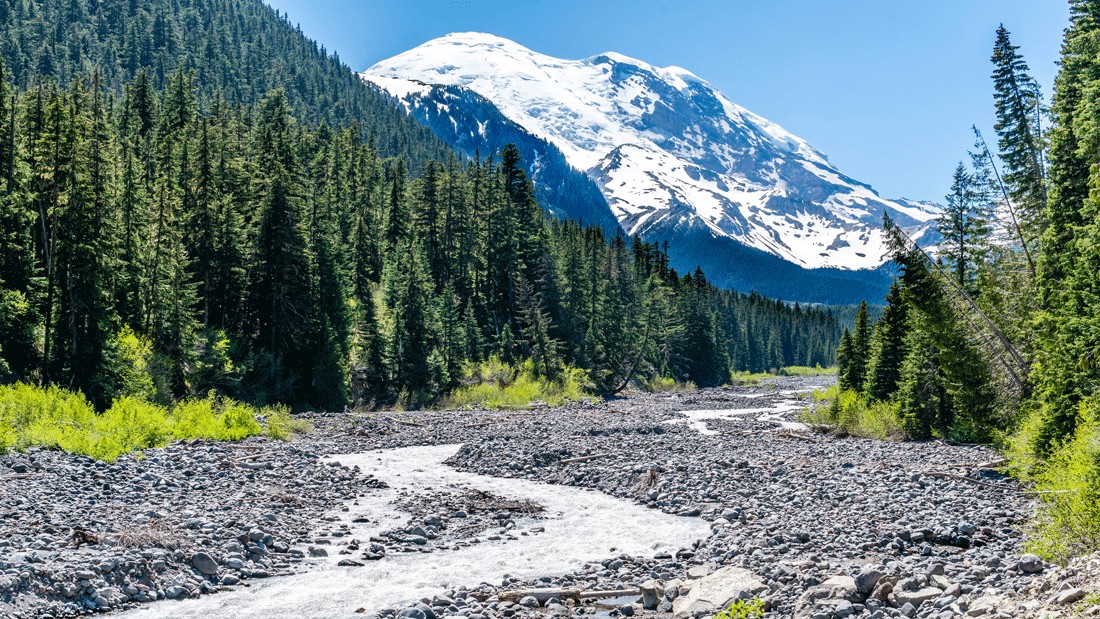 view of White River flowing down from Mount Rainier