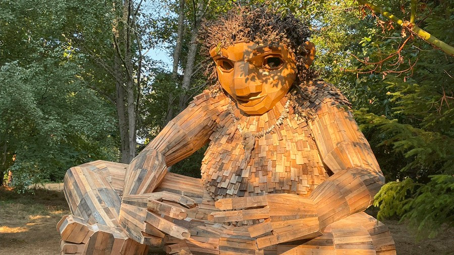 Thomas Dambo trolls in the Pacific Northwest include Pia the Peacemaker on Bainbridge Island