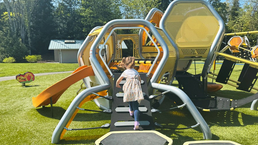 young girl climbing structure at a new playground in Bellevue