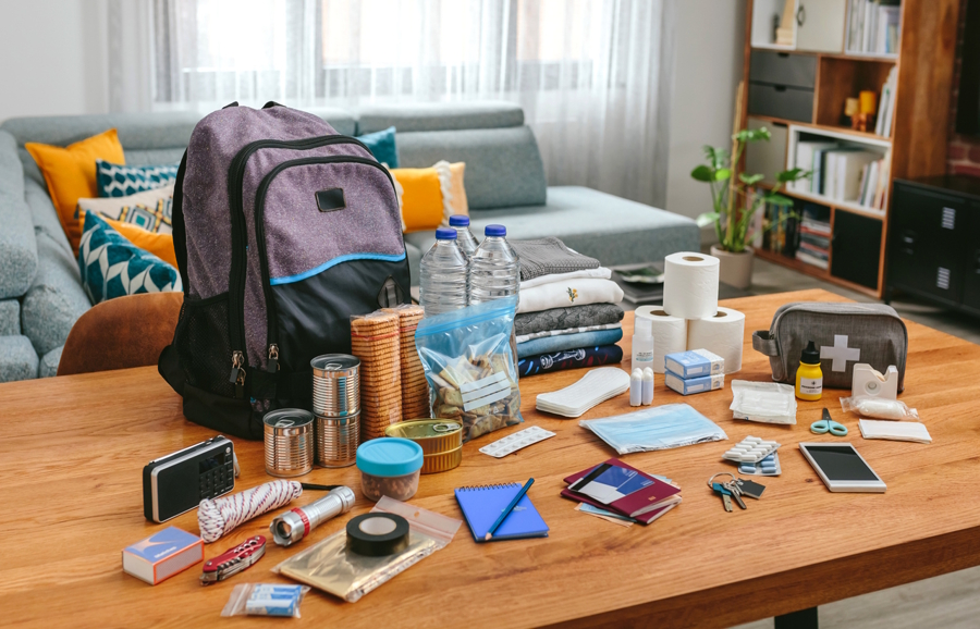 table with emergency supplies and a backpack